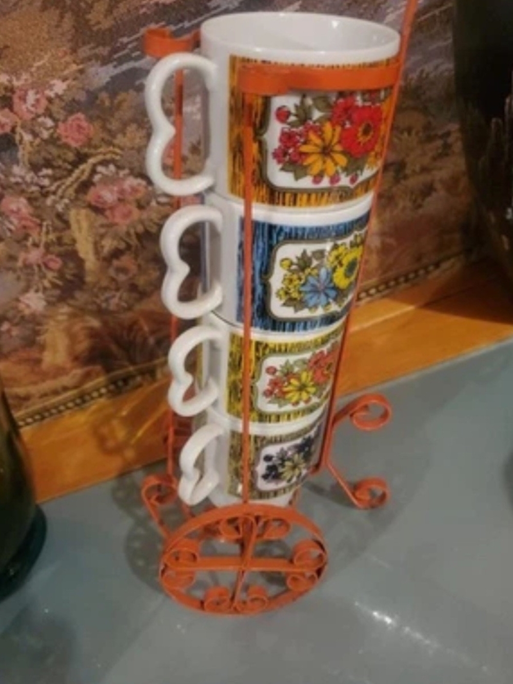 Vintage 1960- 1970s Floral Stackable Mugs with Orange Metal Stand
